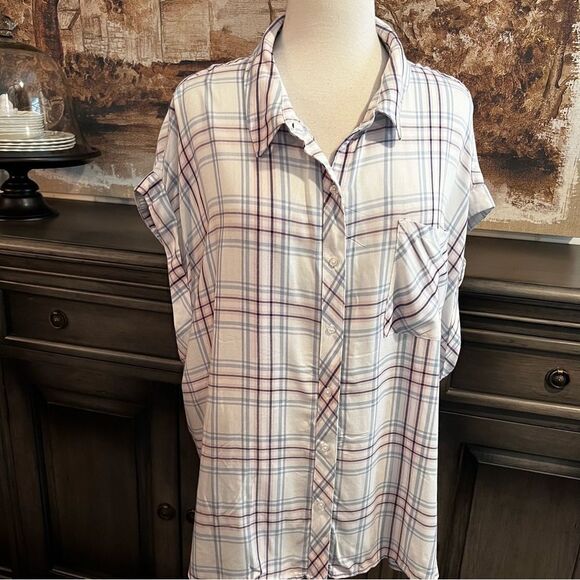 Plus Size Como Vintage White Blue Pink Blouse  Plaid size 3X - Picture 4 of 9